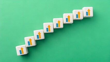 Growth and Progress Concept – Diagonal Row of White Cubes with Upward Arrows on Green Background, Success and Development Theme