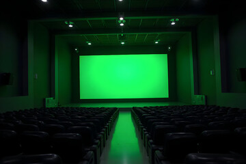 Empty Movie Theater with Green Screen and Dark Seating for Entertainment