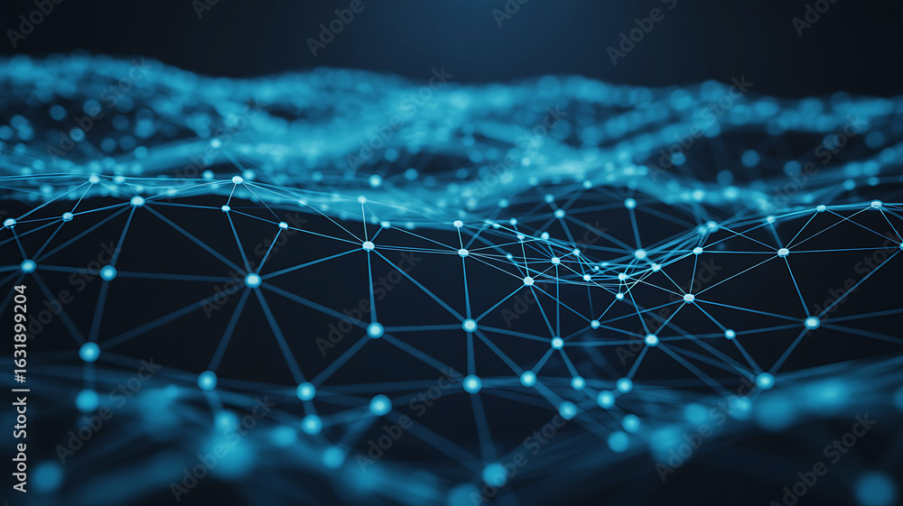 Poster blue digital network grid with connected nodes and lines on a dark background connections