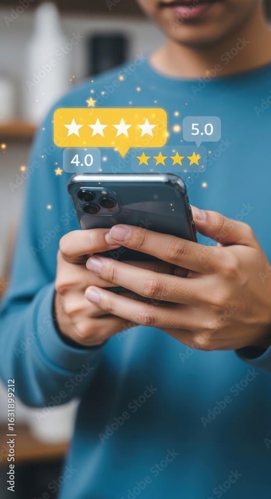 Poster person holding smartphone with floating star ratings for reviews. digital feedback concept with five