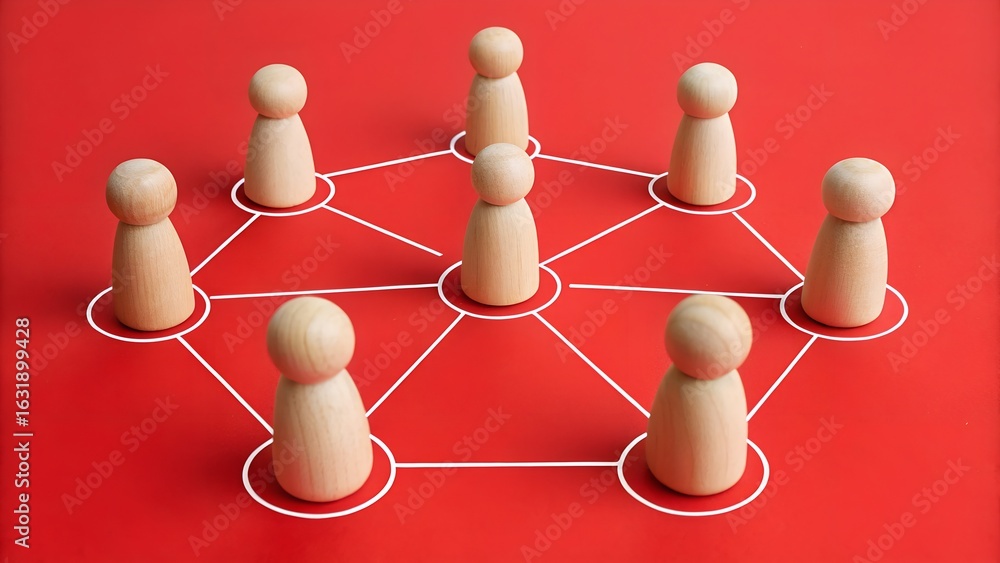 Poster team network structure – connected wooden figurines in circular web on red background, collaboration