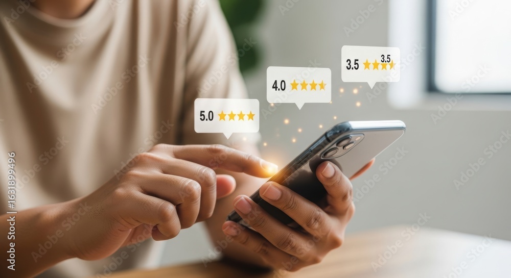 Poster close-up of person using smartphone with floating star ratings for online reviews. digital feedback 