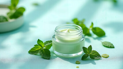 Fresh Mint Skincare Ritual: An elegantly styled shot of skincare cream, gracefully adorned with fresh mint leaves, a testament to nature's best-kept secrets. Evoking freshness, tranquility.