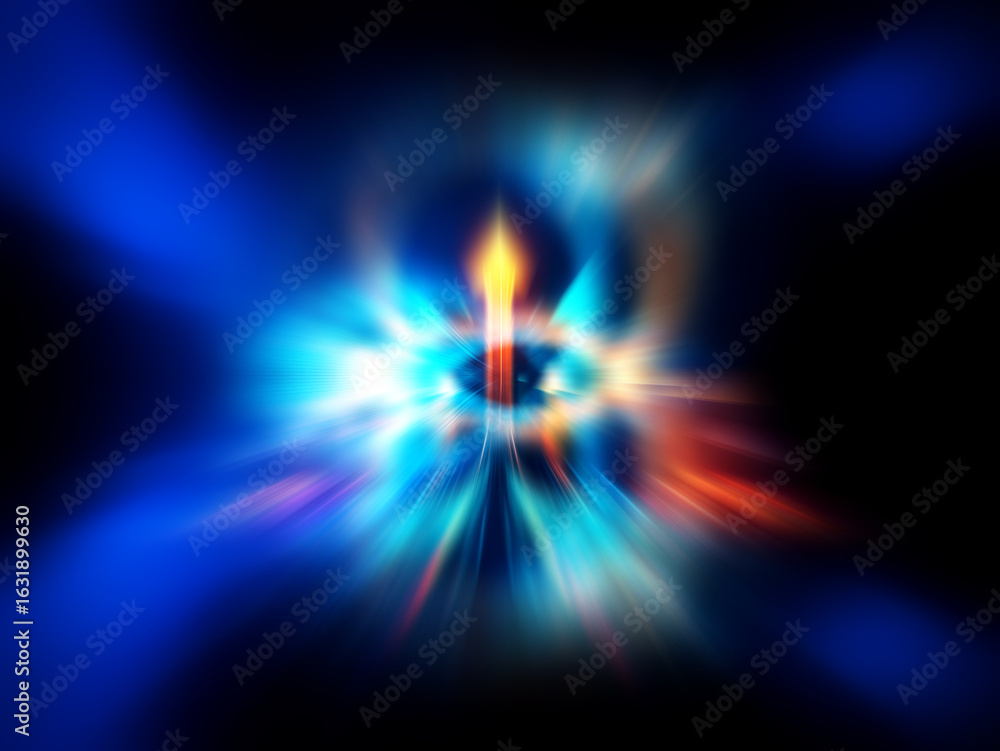 Poster glowing blue and gold rings intersect against a dark background, creating a vibrant, abstract design