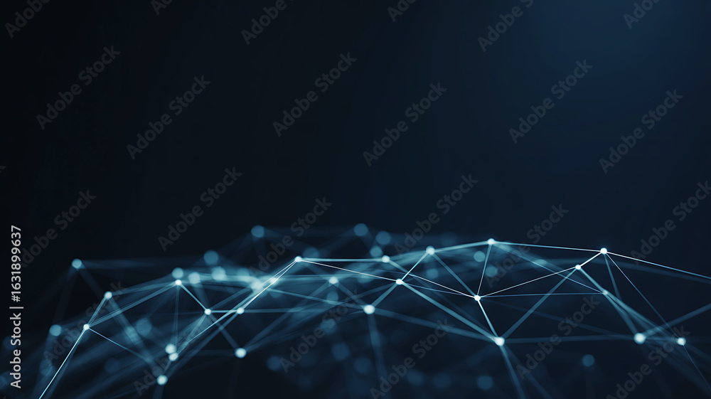 Poster futuristic network of glowing blue nodes and lines on dark background technology connection
