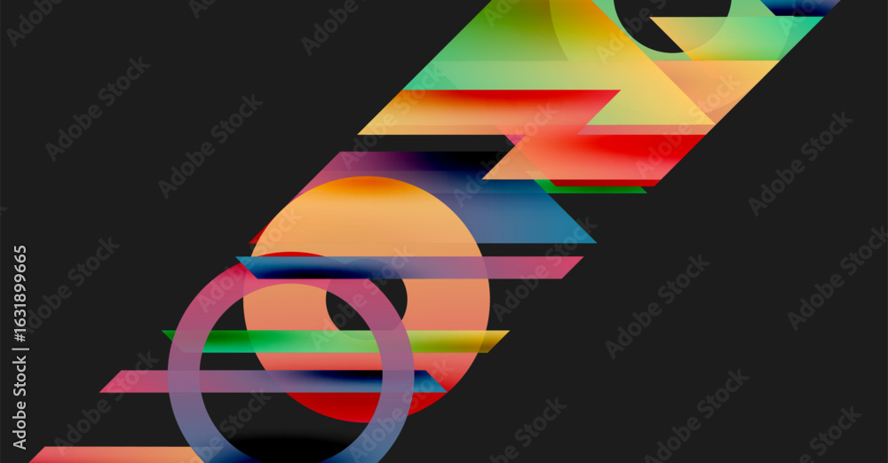 Poster abstract geometric shapes overlap, creating vibrant colorful composition. lines, circles, triangles 