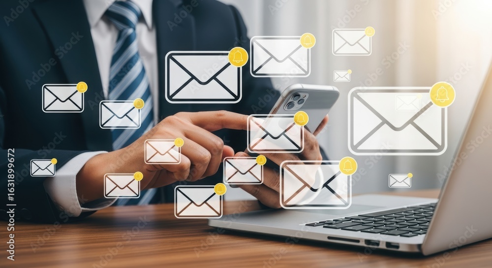 Poster business professional using smartphone with email notifications. modern digital communication concep