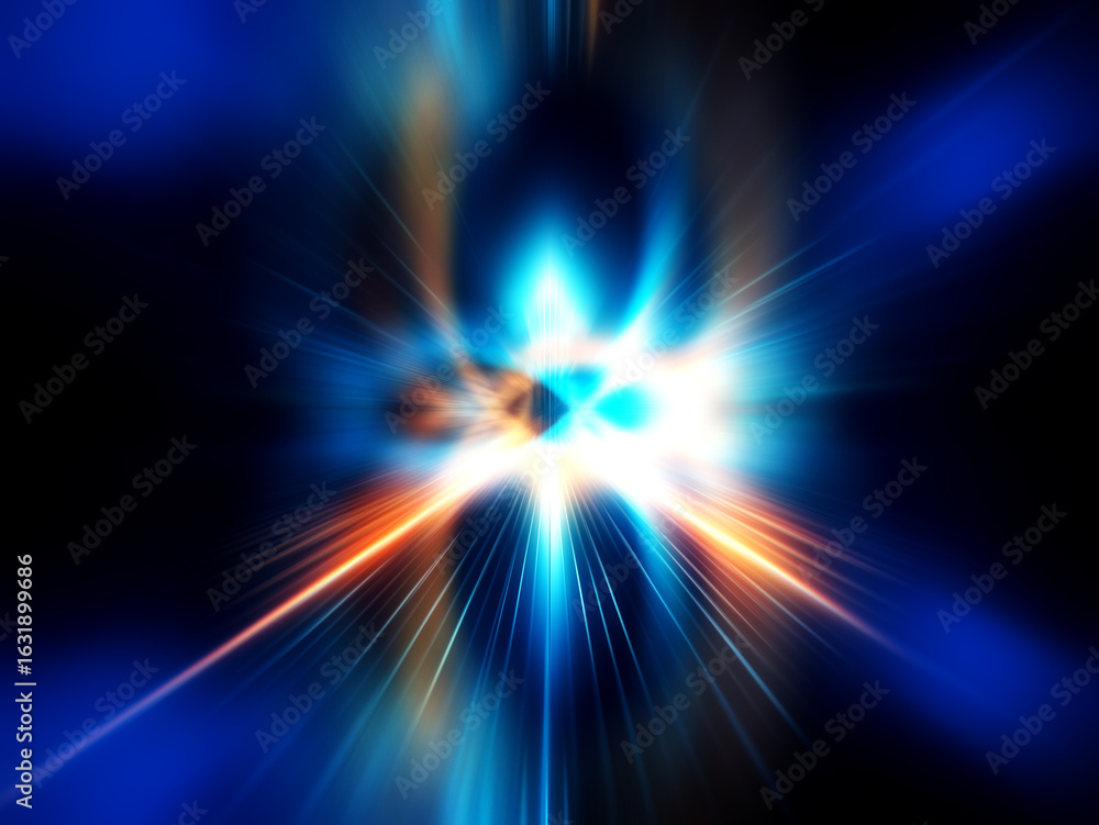 Poster glowing blue and gold rings intersect against a dark background, creating a vibrant, abstract design