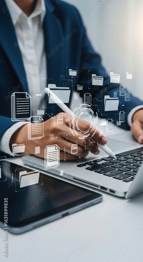 Poster business professional using laptop and digital tablet with file management icons. futuristic digital