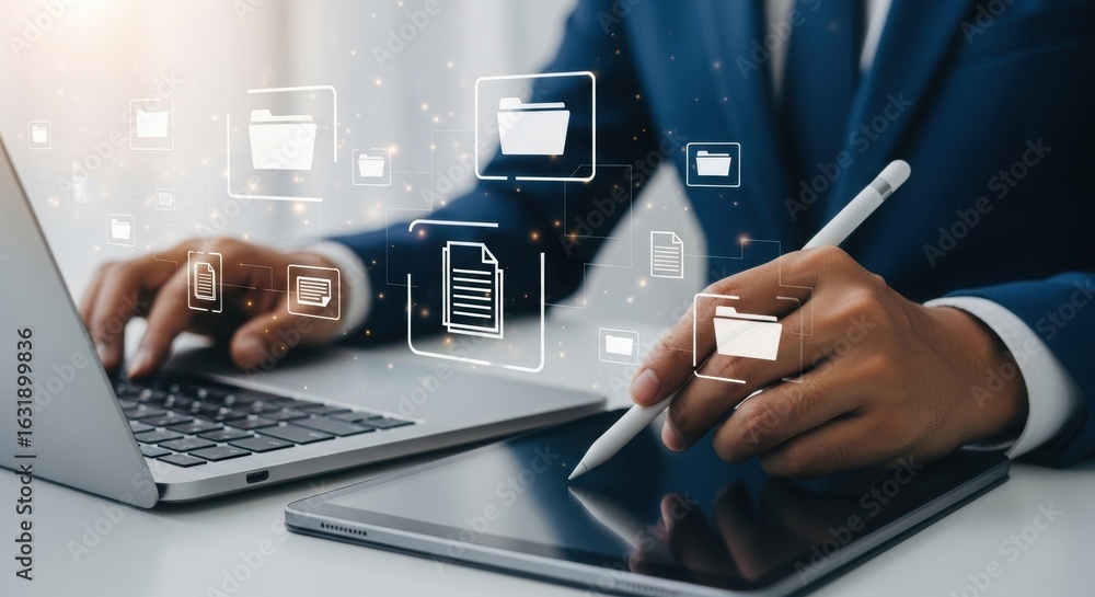 Poster business professional using laptop and digital tablet with file management icons. futuristic digital