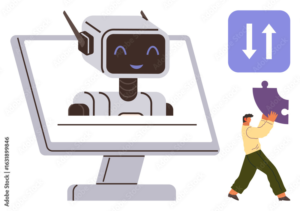 Aufkleber robot smiling on computer monitor, human holding puzzle piece, arrows indicating data exchange. idea