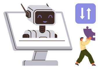 Robot smiling on computer monitor, human holding puzzle piece, arrows indicating data exchange. Ideal for AI, teamwork, problem-solving, automation, technology, collaboration simple flat metaphor