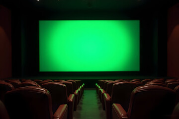 Empty Theater Seats Facing a Bright Green Screen Ready for a Show