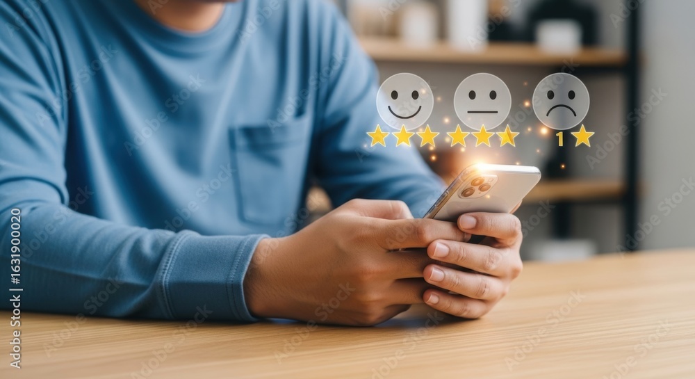 Poster close-up of person holding smartphone with satisfaction rating emoticons. digital feedback and custo