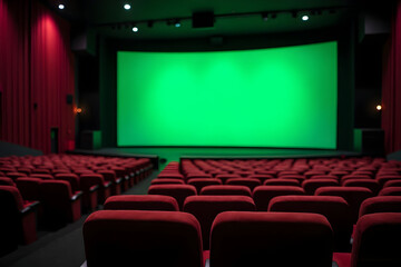 Empty Movie Theater with Rows of Seats and Large Green Screen