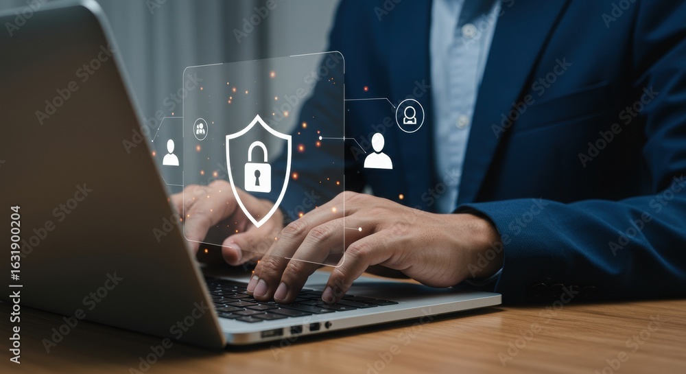 Poster professional working on laptop with cybersecurity shield overlay. digital privacy and user managemen