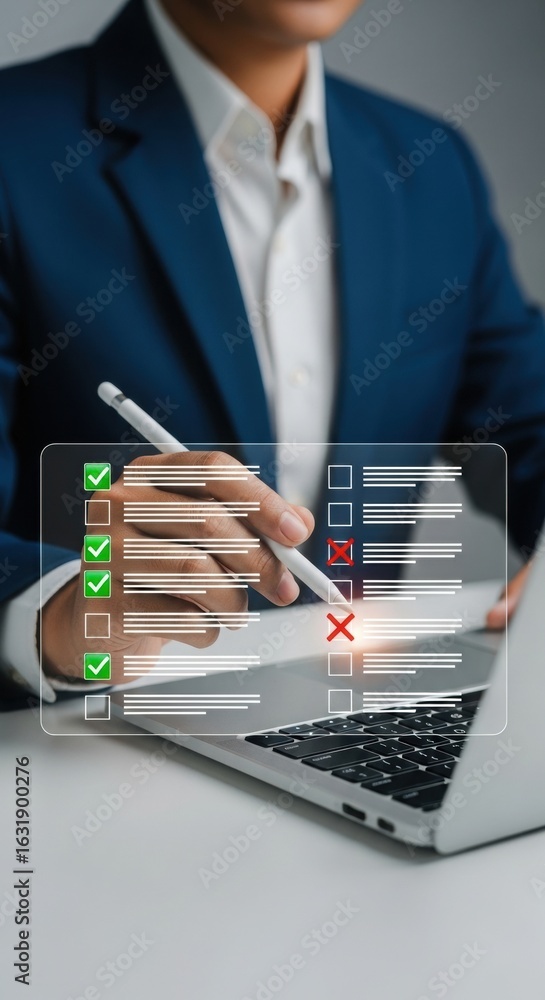 Poster business professional using stylus on laptop with task checklist overlay. modern digital productivit