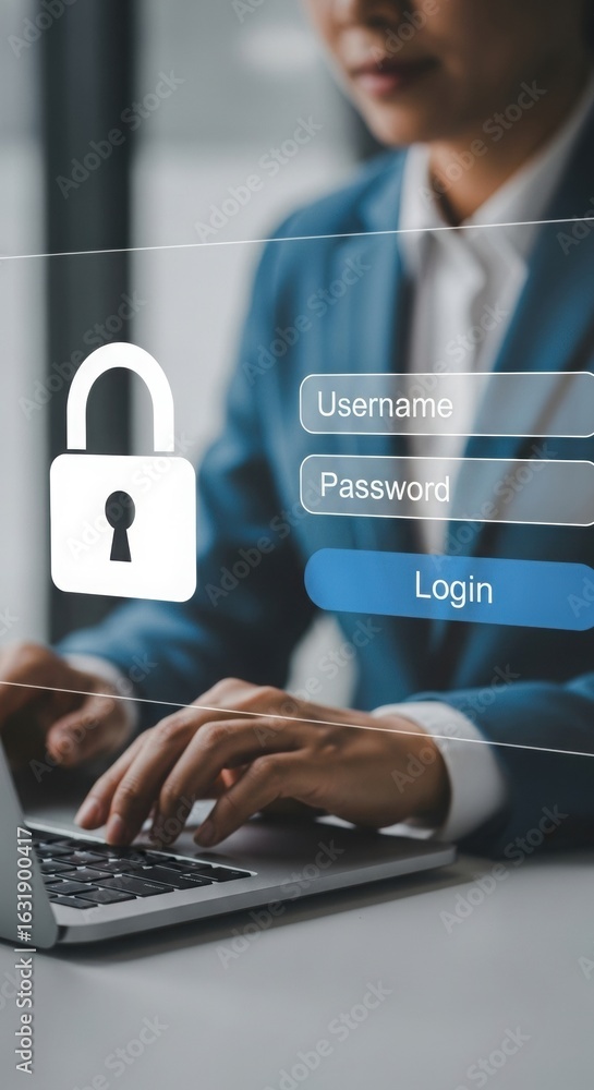 Poster digital composite of professional interacting with secure login interface. cybersecurity and busines