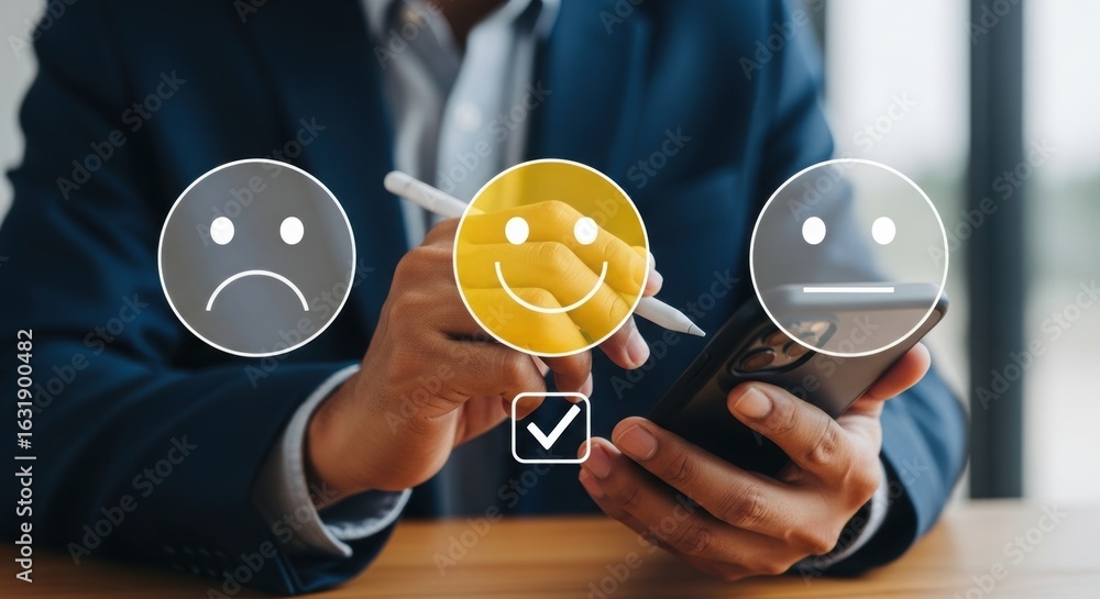 Poster close-up of hands using smartphone with feedback emoticons. business professional selecting positive