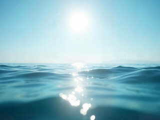 Shining Ocean and Sky: The vast expanse of the ocean stretches to the horizon under a radiant sky, the sun's light dances on the water's surface in a captivating scene. 