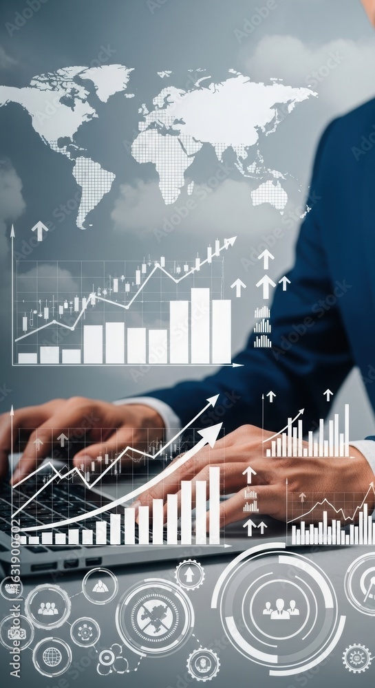 Poster global business professional working on laptop with financial graphs. hands typing on laptop with wo