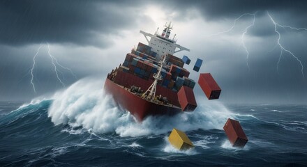 Cargo ship in severe storm losing containers. Global supply chain crisis and maritime disaster. High sea waves and lightning strike.