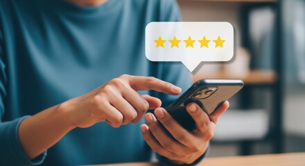 Person holding smartphone with five-star rating overlay. Close-up of hands interacting with phone and star feedback. Customer satisfaction rating displayed on mobile device.