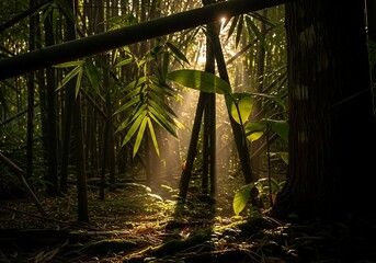 Sunlit bamboo forest with ethereal rays creating a tranquil and mystical environment