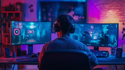 A back view of a gamer wearing headphones playing behind three monitors in a dark room with neon lights. The cyberpunk atmosphere highlights the passion and immersion in virtual reality.