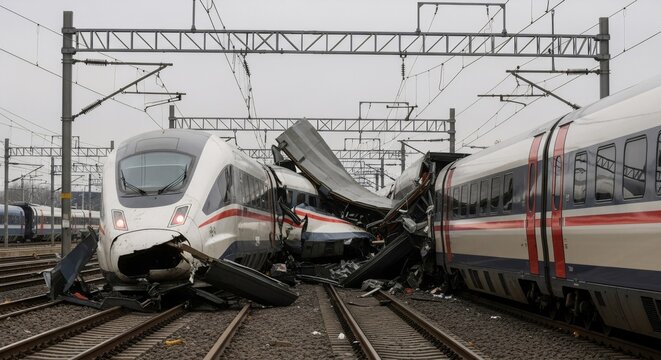 Two high-speed passenger trains involved in a severe derailment and collision on railway tracks. Transportation accident consequence.