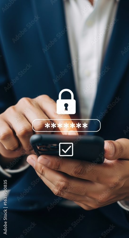 Poster smartphone security with password verification and lock icon. hands holding phone with cybersecurity