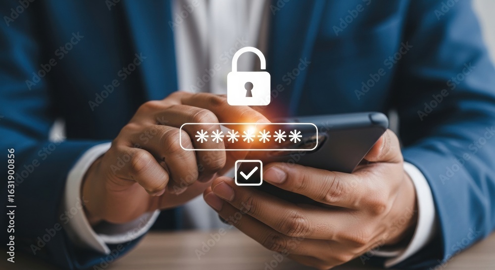 Poster smartphone security with password verification and lock icon. hands holding phone with cybersecurity