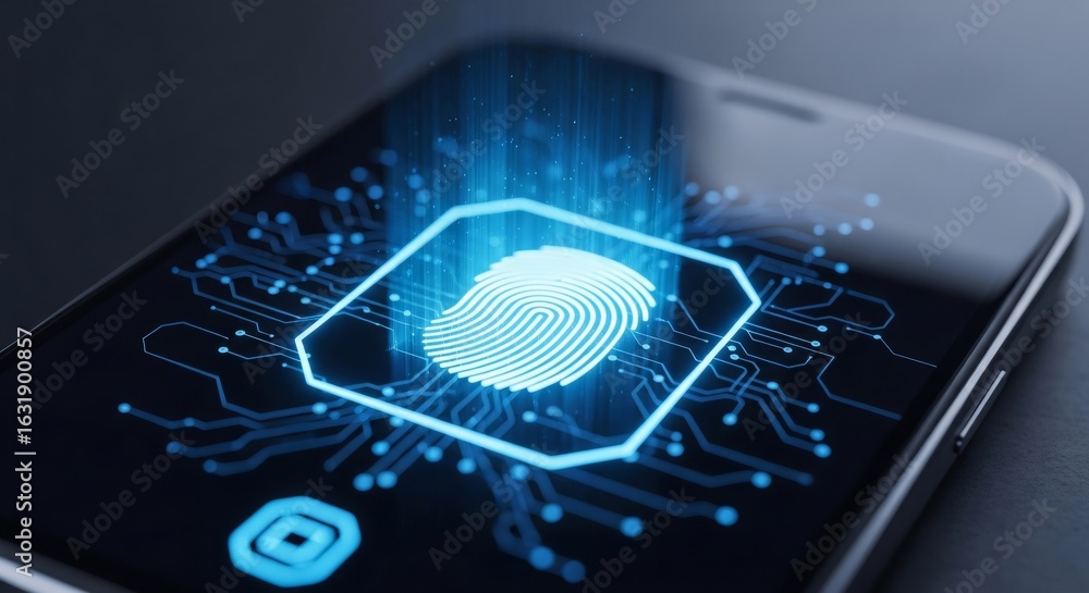 Poster fingerprint scanner on smartphone screen for security. biometric identification system for digital d