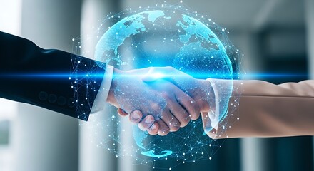 Two business people shaking hands over a glowing blue digital globe with interconnected network lines.