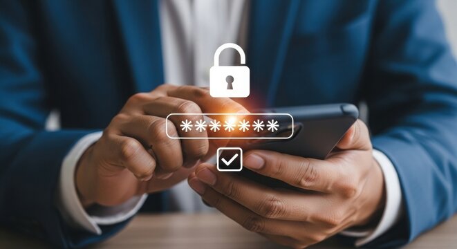 Smartphone security with password verification and lock icon. Hands holding phone with cybersecurity login interface. Digital privacy and authentication on mobile device.