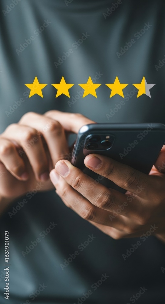 Poster five-star rating displayed above smartphone in close-up. hands interacting with phone and customer r