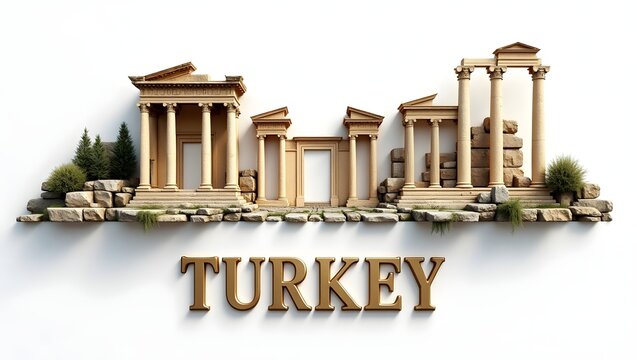 3D illustration of the ancient ruins of Ephesus, with the iconic Library of Celsus, grand columns, and remnants of a once-thriving city. The word 'Turkey' in 3D letters below.