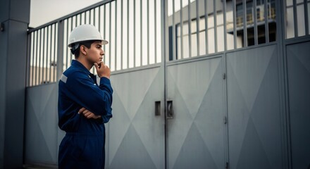 Young asian man in blue uniform and hardhat thinking near factory gates. Industrial worker contemplation and safety concept.