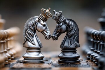Unique chess pieces in close-up featuring elegant knight designs and royal crowns