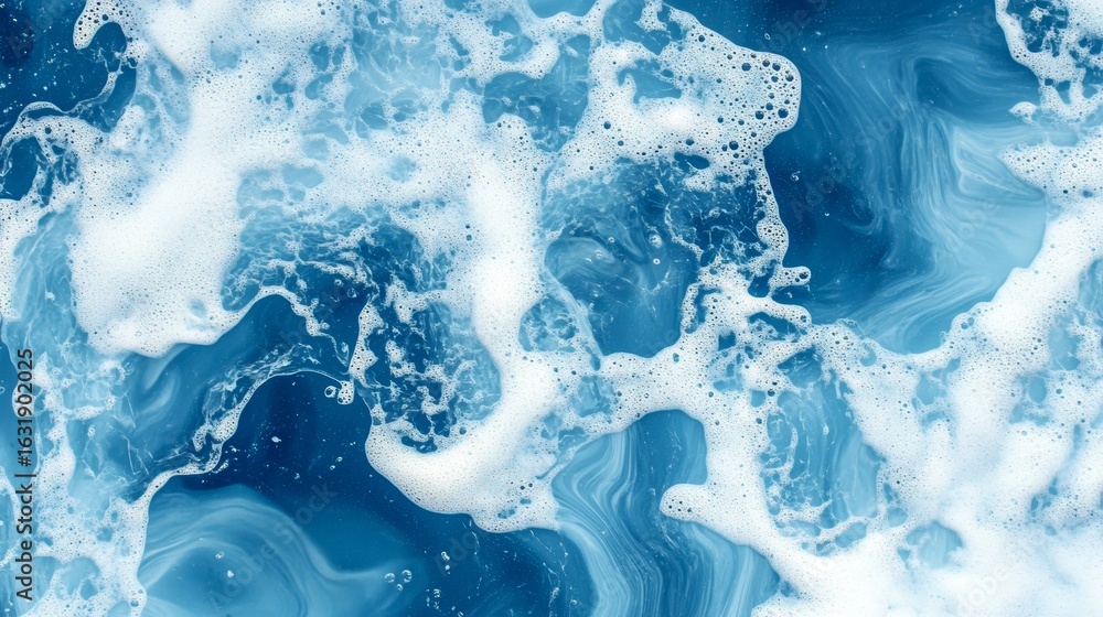 Poster abstract swirling liquid surface with aqua waves and foam in dynamic motion, top view marble texture