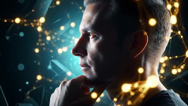 Hyperreal thinker with glowing neural network and dynamic synaptic animation