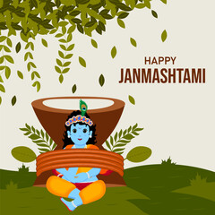Happy Janmashtami indian festival celebration, background and character design vector illustration. Little Krishna with butter.