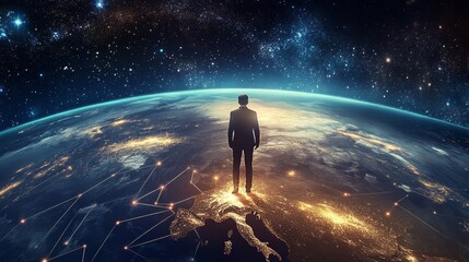 A Businessman Standing on a Globe, Gazing at a Starry Sky, Connecting Continents and Cultures