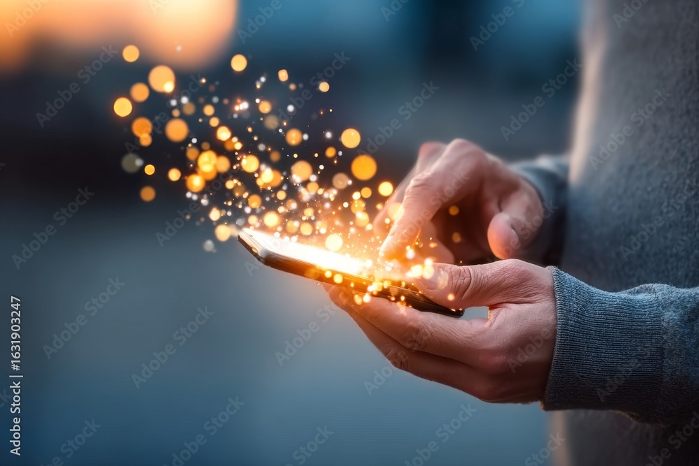 Poster hand interacting with a digital mobile device, featuring a shimmering bokeh effect on the screen.