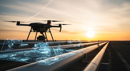 Drone hovers over pipeline with overlayed data visualization.