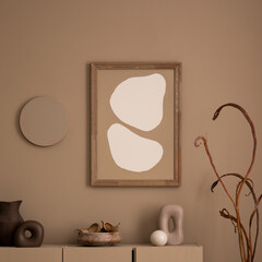 Creative composition of living room interior with mock up poster frame, brown sideboard, wooden...