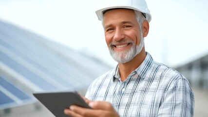 Elderly engineer at solar facility, smiling while using a tablet. - Powered by Adobe
