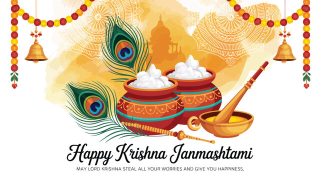 "Krishna Janmashtami Greeting Card with Butter Pots, Flute, Peacock Feathers, Temple Silhouette, and Ornate Festive Decorations" - Powered by Adobe