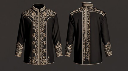 Elegant black tunic adorned with elaborate golden thread embroidery