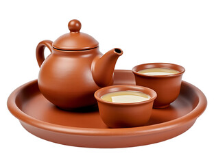 Terracotta tea set with two cups and tray isolated on a transparent background clay